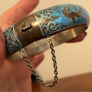 Vintage Siam Sterling Silver Guilloche Blue Enamel Bangle Bracelet Circa 1950s!